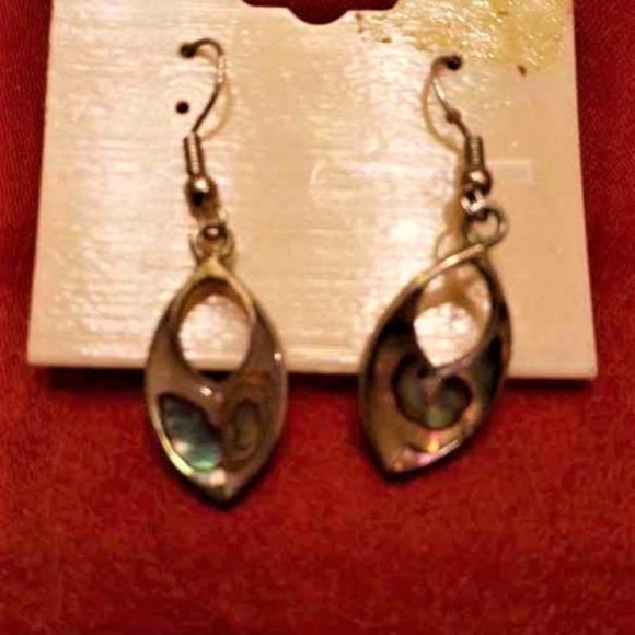 VTG 1970'S ALPACA MEXICO HANGING PEIRCED ABALONE & SILVER TONE METAL EARINGS - Picture 2 of 3